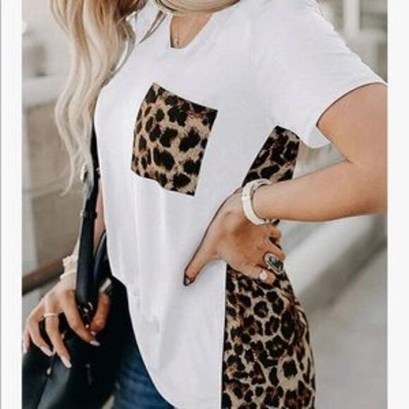 NEW White Leopard  Patch Crewneck Short Sleeve Graphic Tee Shirt - Picture 3 of 4